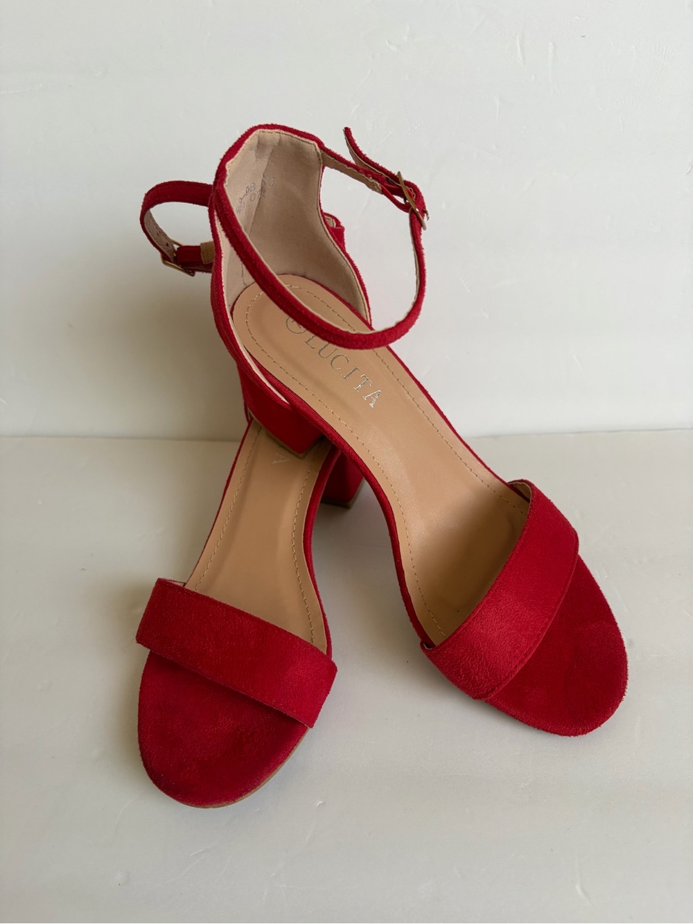 Women's Red Ankle-Strap Block Heel Sandals by Olucita